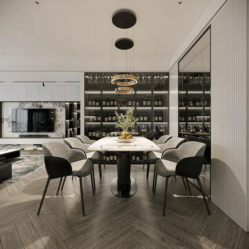 3D rendering of a dining area with a marble table, pendant lights and lit wine storage