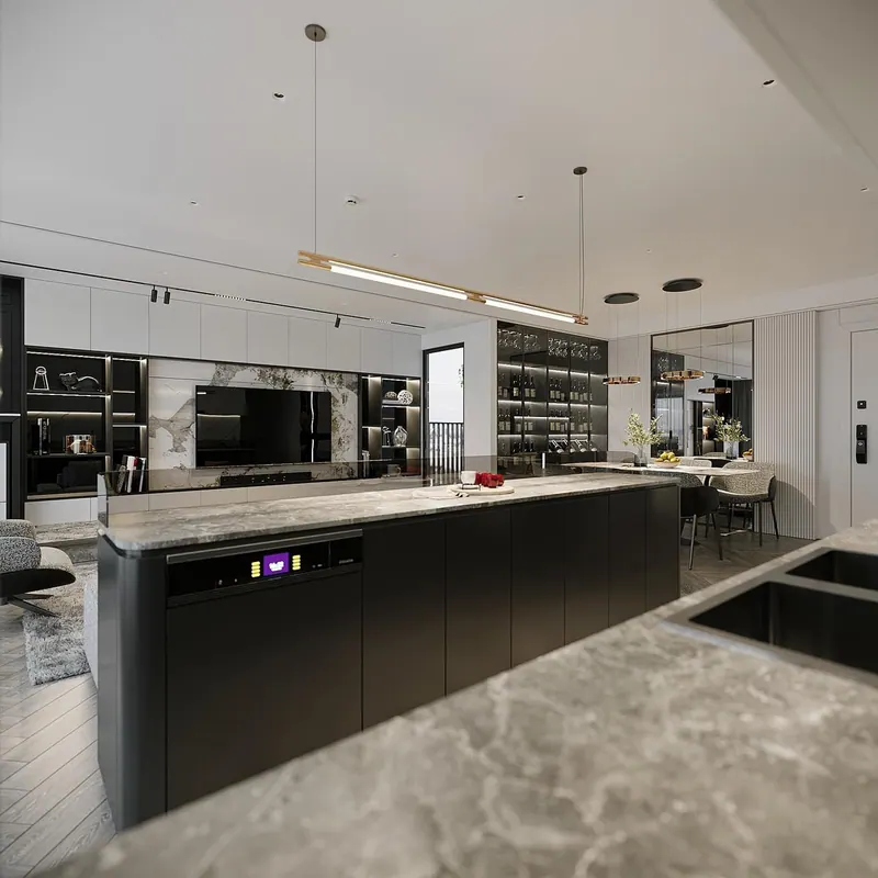 3D rendering of a dark kitchen island with stone countertops facing the living area
