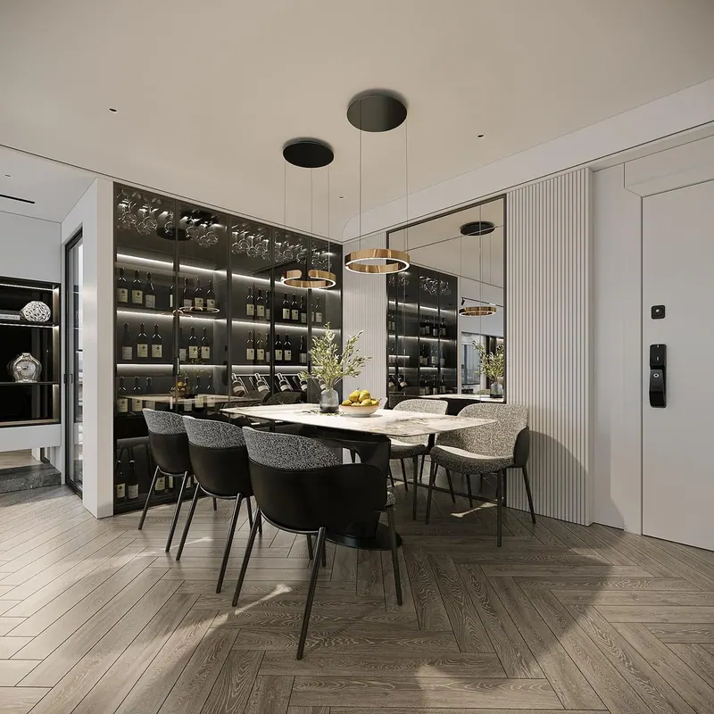 3D rendering of a dining space with a glass wine cabinet, a mirrored wall and fluted paneling