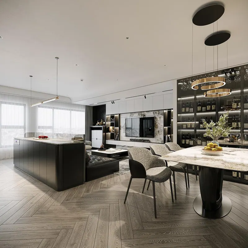 3D rendering of an open kitchen, living and dining area with herringbone flooring