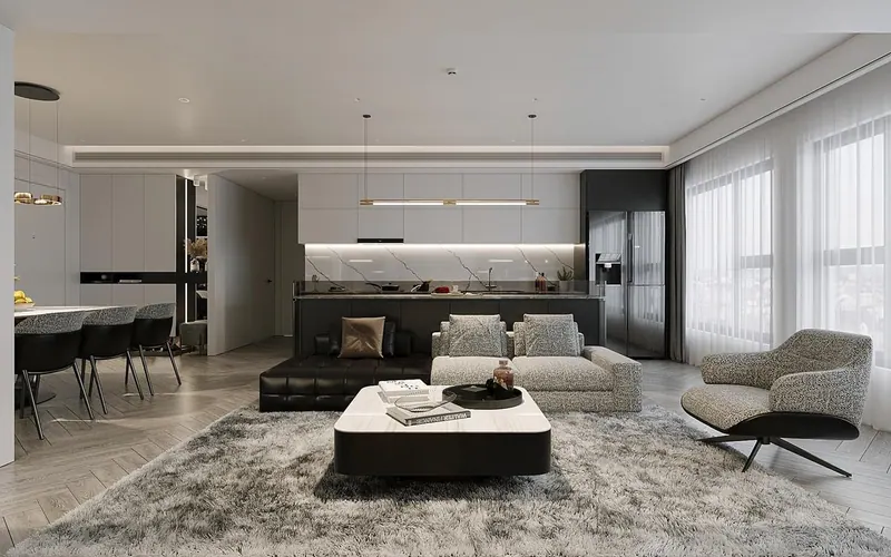 3D rendering of a living room backed by a kitchen with white upper and dark lower cabinets