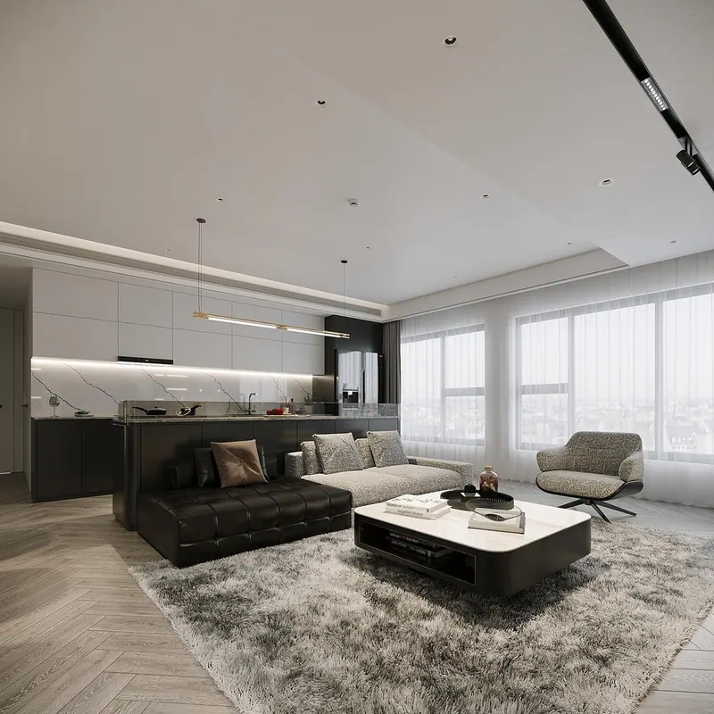 3D rendering of a living room and open kitchen with a marble backsplash