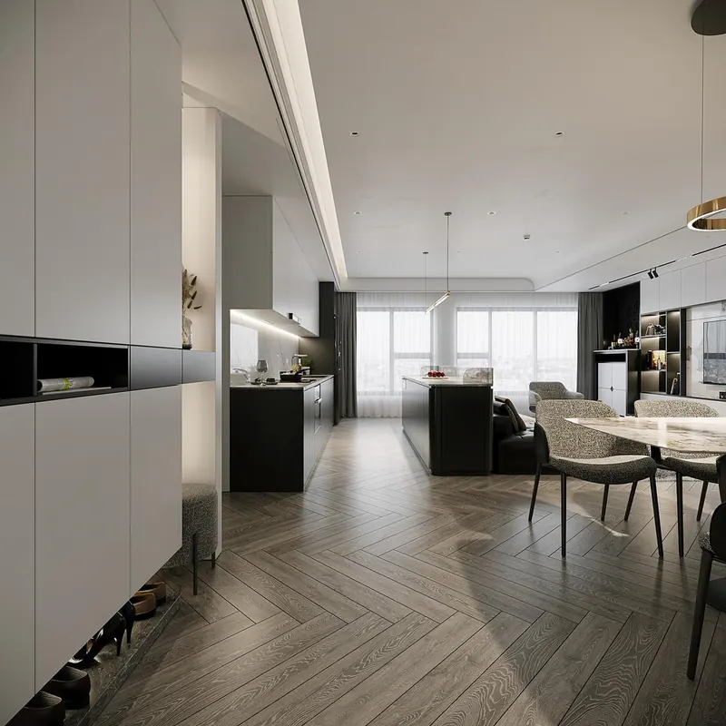 3D rendering of the entry view across an open kitchen, dining and living space