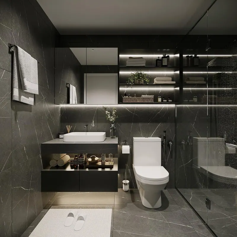3D rendering of a bathroom with dark stone walls, a floating vanity and a glass shower
