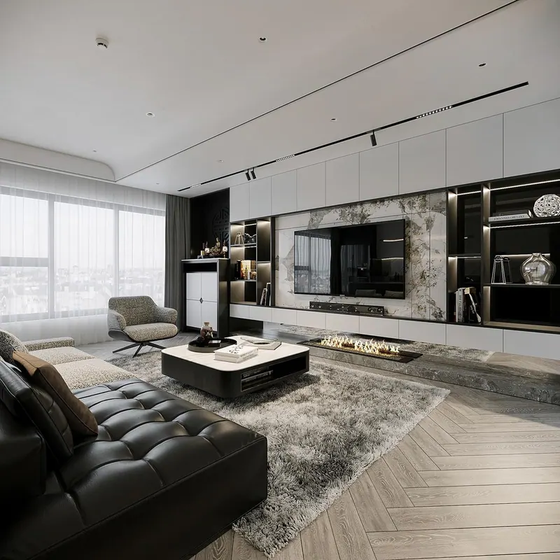 3D rendering of a living room with a marble TV wall, built-in shelves and a linear fireplace