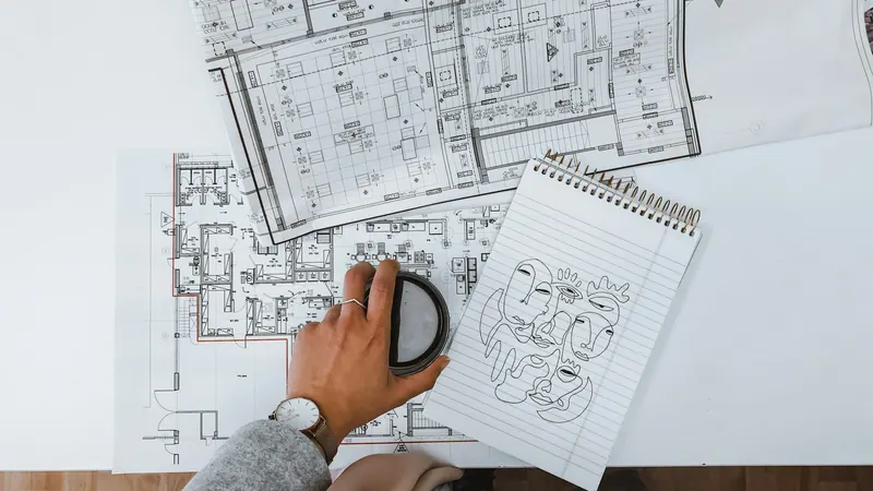 Floor plans spread on a table with a notepad