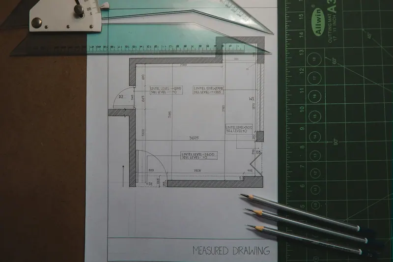 Floor plan drawing on a cutting mat with pencils