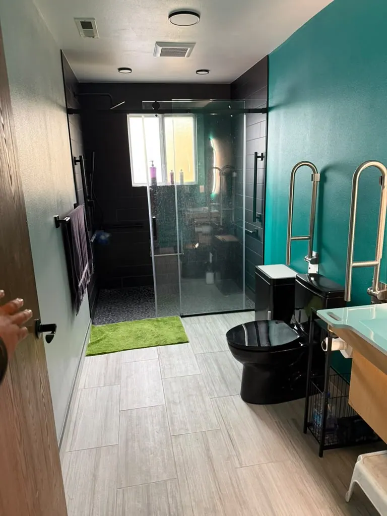 Glass-enclosed walk-in shower with dark wall tile and a mosaic floor, next to a black toilet with grab bars