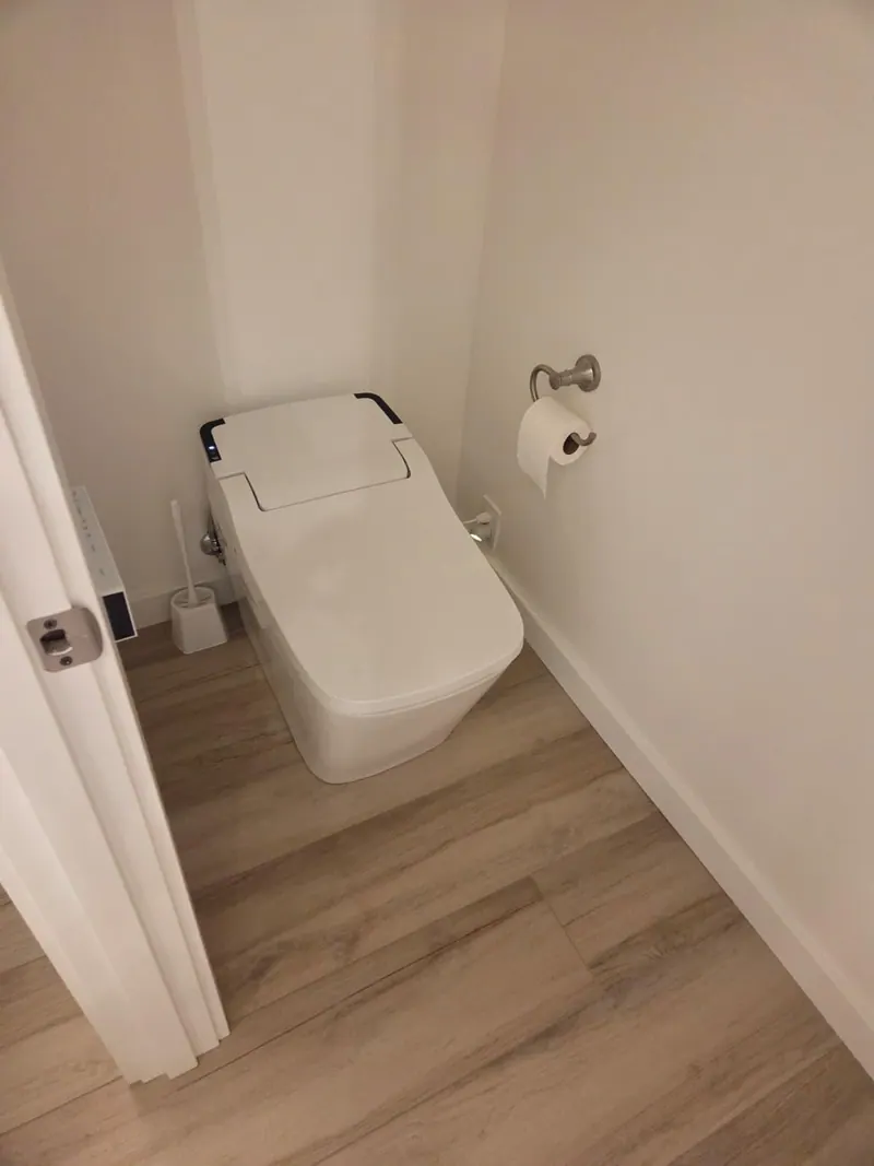Toilet alcove with a modern toilet and wood-look plank flooring