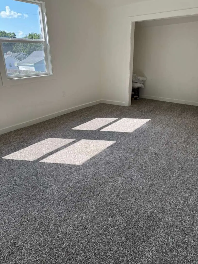 Empty bedroom with new gray carpet and white walls