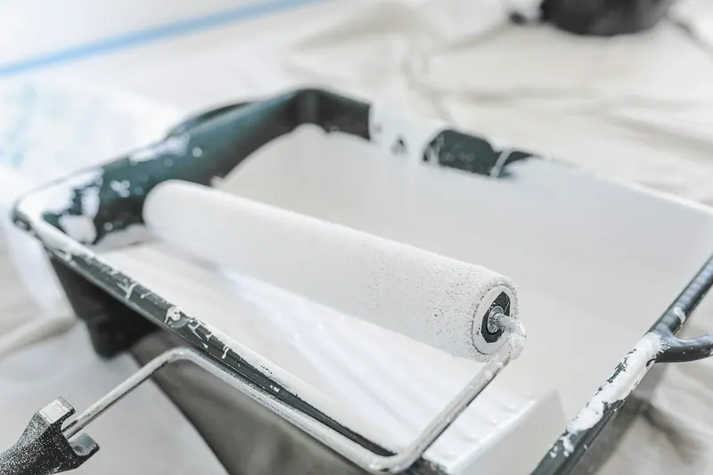 Paint roller resting in a tray