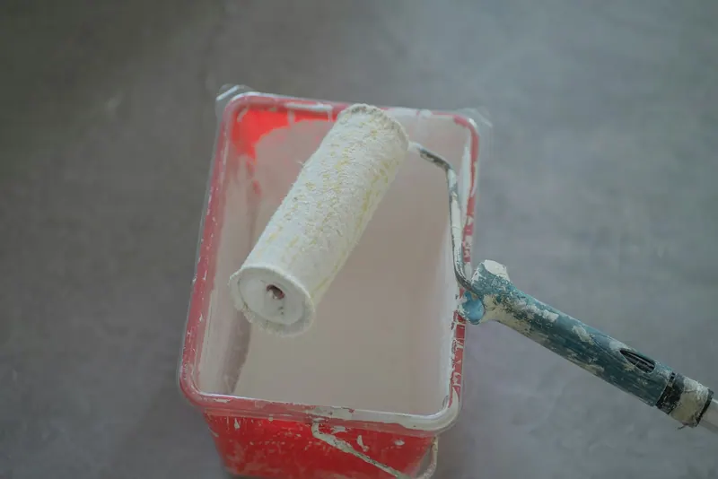 Paint roller in a paint tray, seen from above