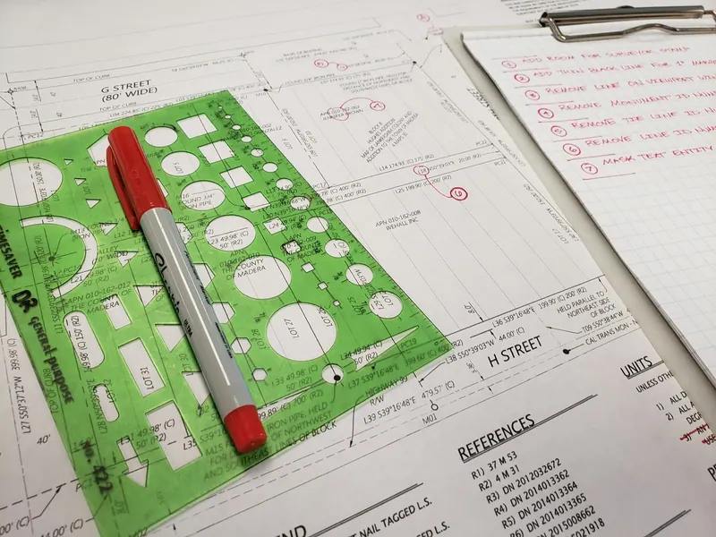 Drafting template and marker on a set of plans